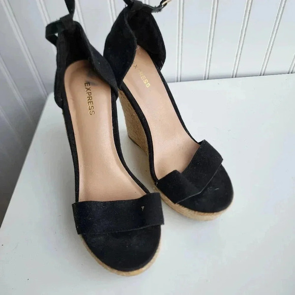 Express Womens Black Summer Platform Heel Wedges Ankle Strap Sz 6 - Picture 2 of 9